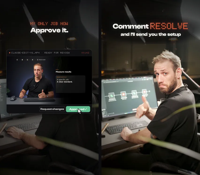 The review card with Approve clicked, and the last shot ending on a thumbs up