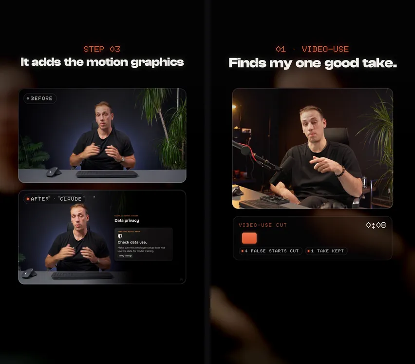 A before and after of a shot playing together, and a desk take from the main camera