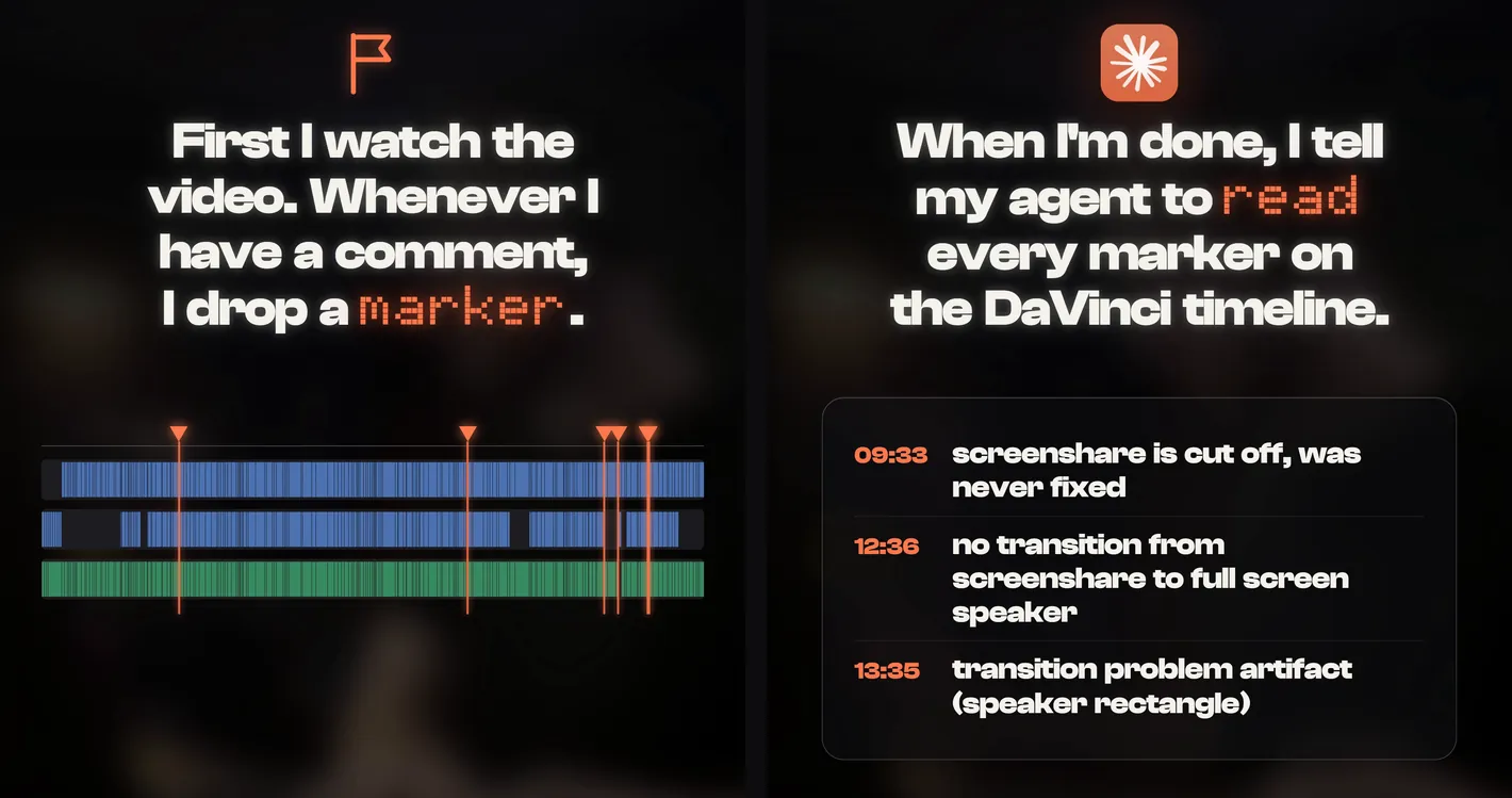 A timeline with red markers, and three notes with their timecodes