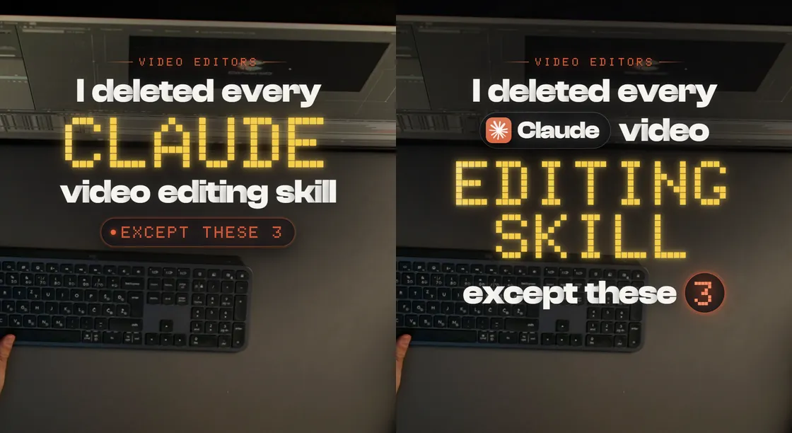 A reel hook before and after a note: CLAUDE big on the left, EDITING SKILL big on the right