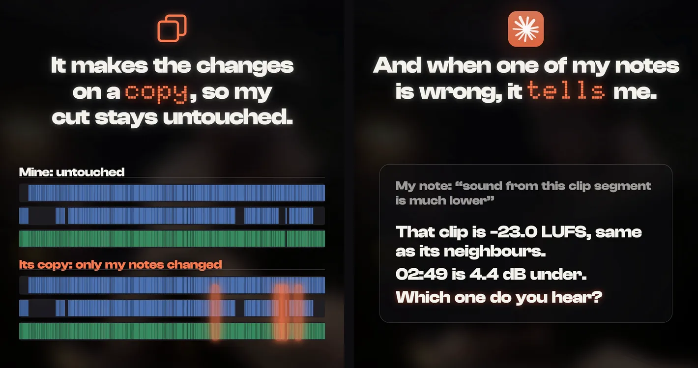 Two timelines, the original and the copy with only the noted clips changed, and Claude's reply to a wrong note
