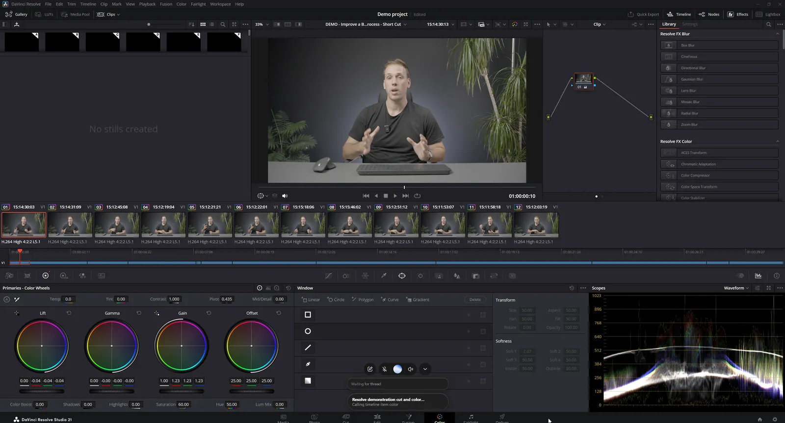 DaVinci Resolve's Color page with twelve clips, the colour wheels and Claude's status