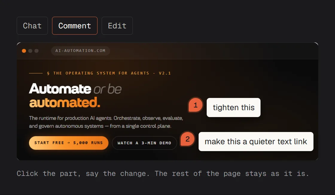 The after page in Comment mode with two pinned notes: tighten this, on the subheading; make this a quieter text link, on the second button