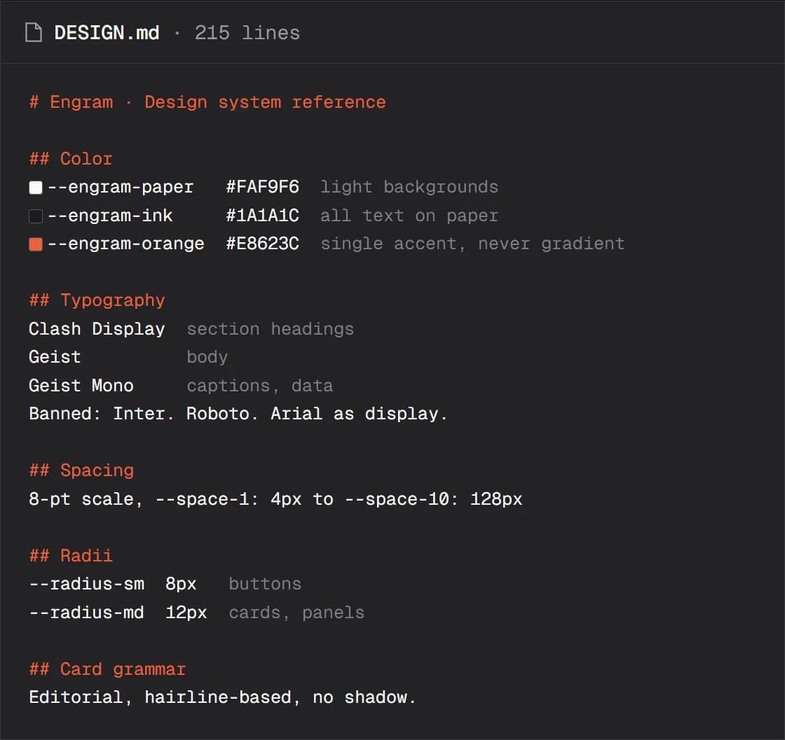 A DESIGN.md file: Color with paper FAF9F6, ink 1A1A1C and orange E8623C; Typography with Clash Display, Geist, Geist Mono and banned fonts; Spacing; Radii; Card grammar