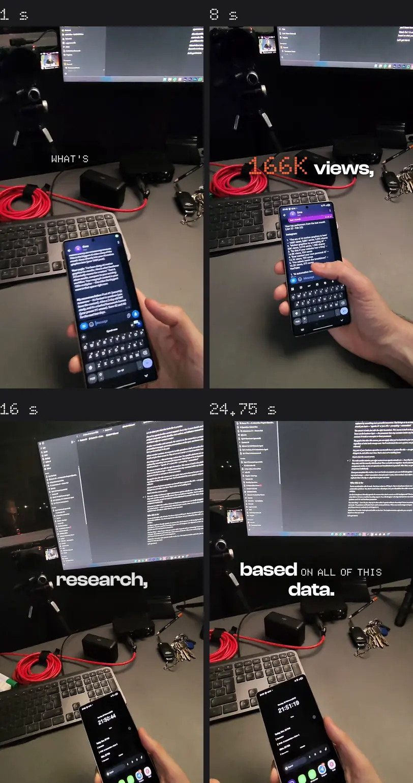 Four vertical stills of the edit made at high effort, at 1, 8, 16 and 24.75 seconds: the phone in his hand with a chat, the monitor, word captions