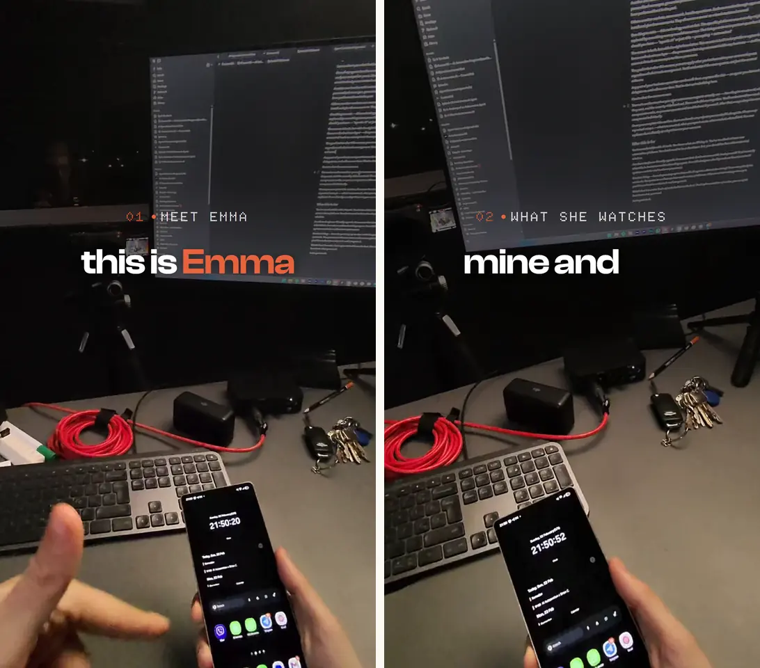 Two frames of the edit as the medium run made it, at 1 s and 8 s