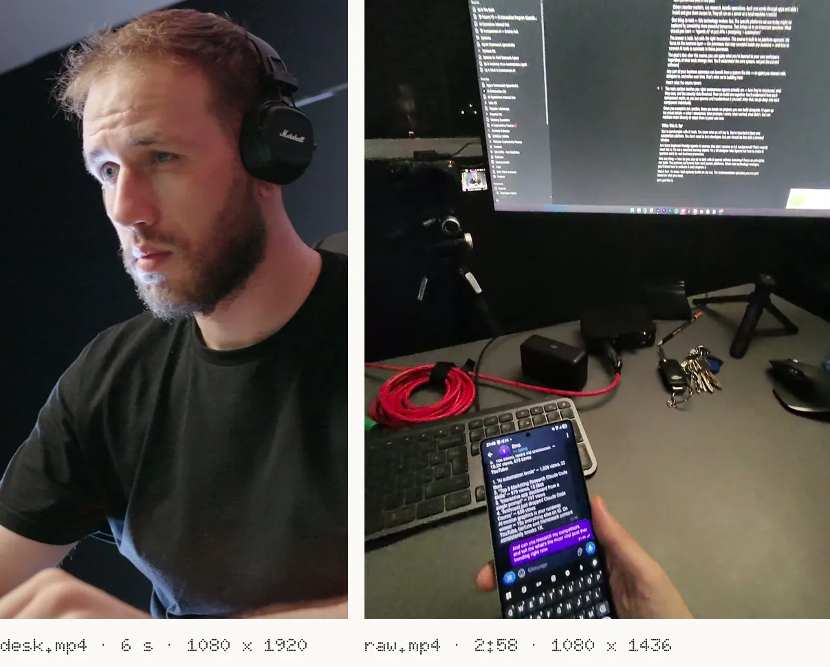Two frames: Luka at his desk in headphones, vertical; and a desk with a keyboard, a red cable and a phone in his hand showing a chat, from above