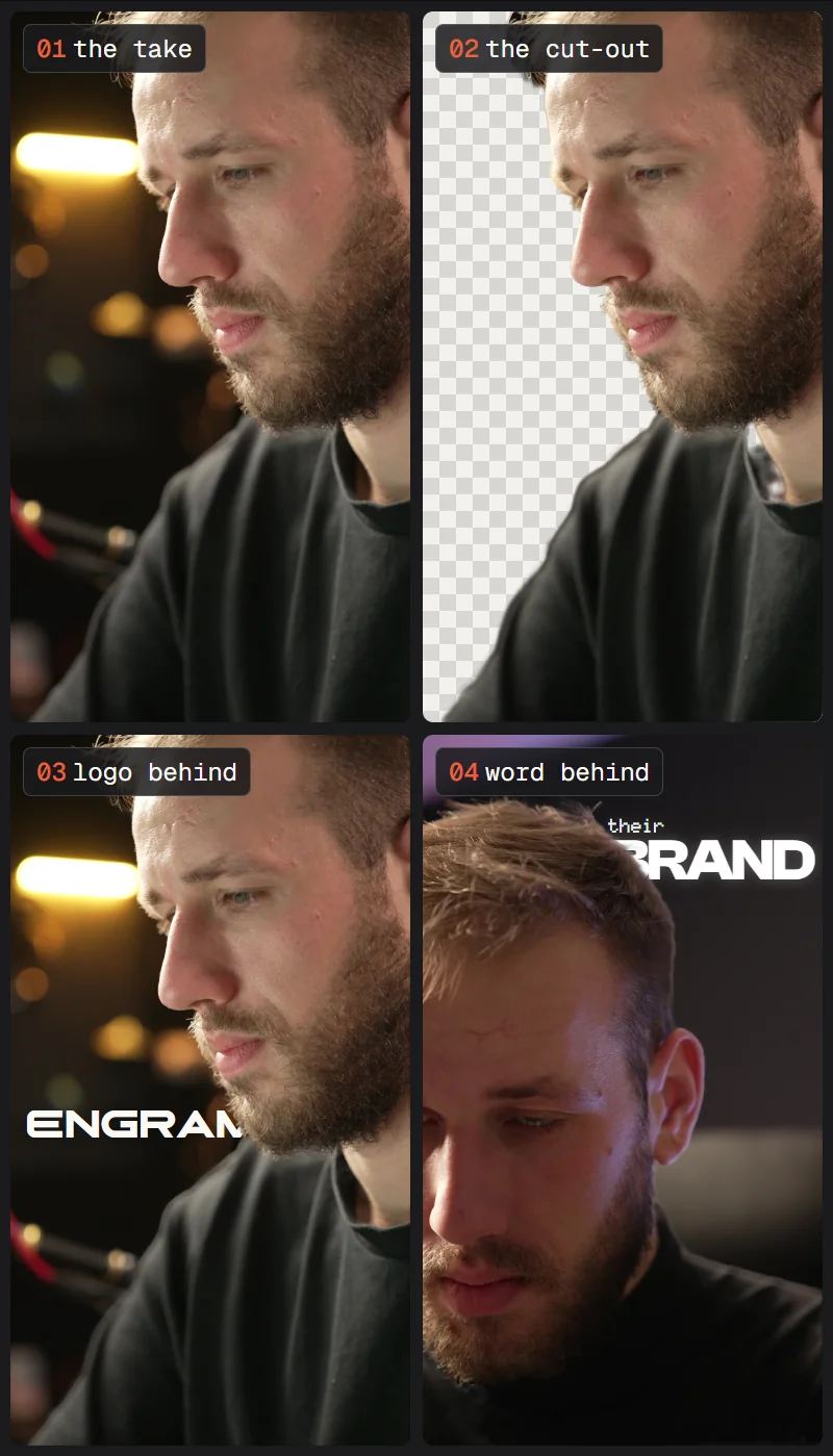 Four frames: the take of a man in a dark room; the same man cut out on a checkerboard; the word ENGRAM behind his beard with its end hidden; the word BRAND with its first letter tucked behind his hair