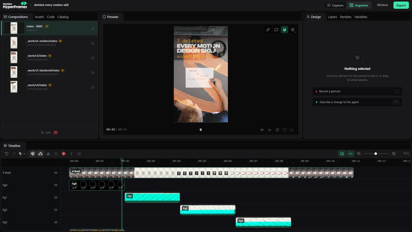 The HyperFrames Studio: compositions on the left, a vertical reel playing in the middle, the layers on a timeline below