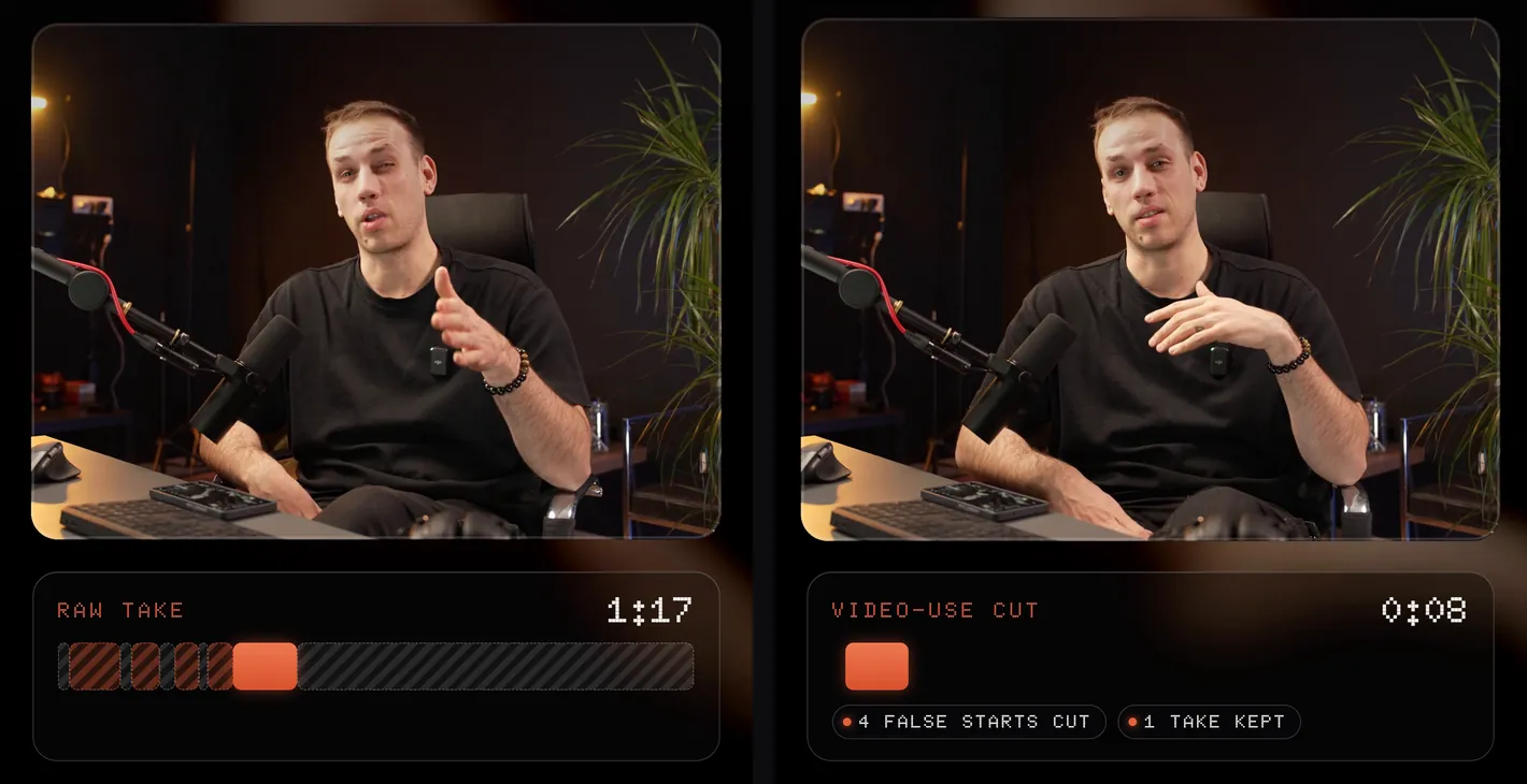 The raw take at 1:17 next to the video-use cut at 0:08