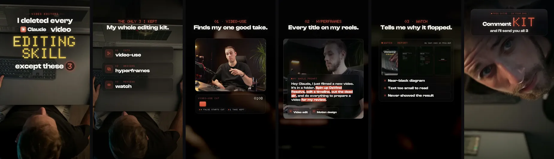 Six frames of the reel from the hook to the call to action
