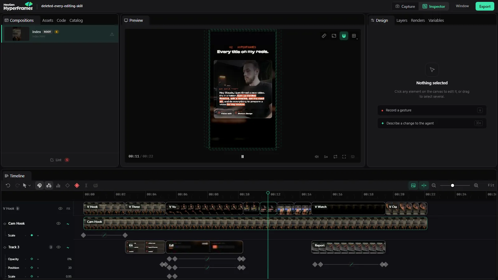 HyperFrames Studio playing a vertical reel with its timeline