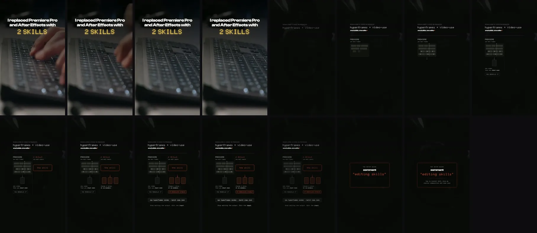 Fifteen frames of a reel: a title over a keyboard, then dark diagrams with small text