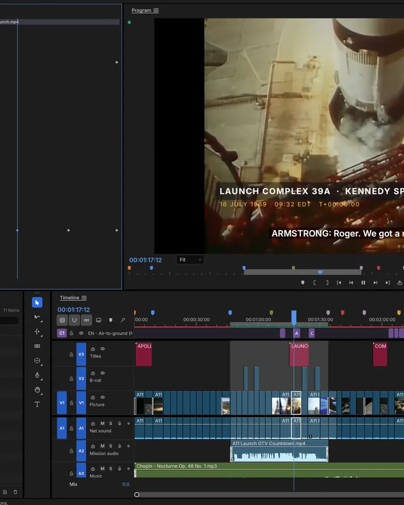 FilmCraft's Program monitor on the Saturn V launch and its timeline, from its README