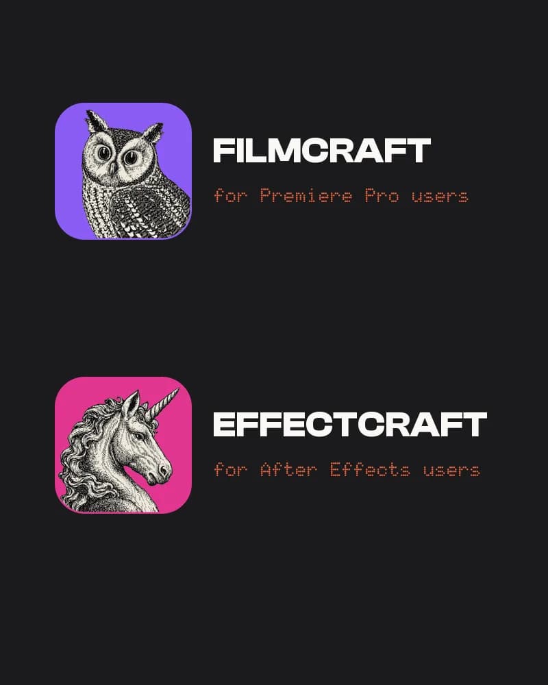 The FilmCraft owl icon and the EffectCraft unicorn icon, for Premiere Pro and After Effects users