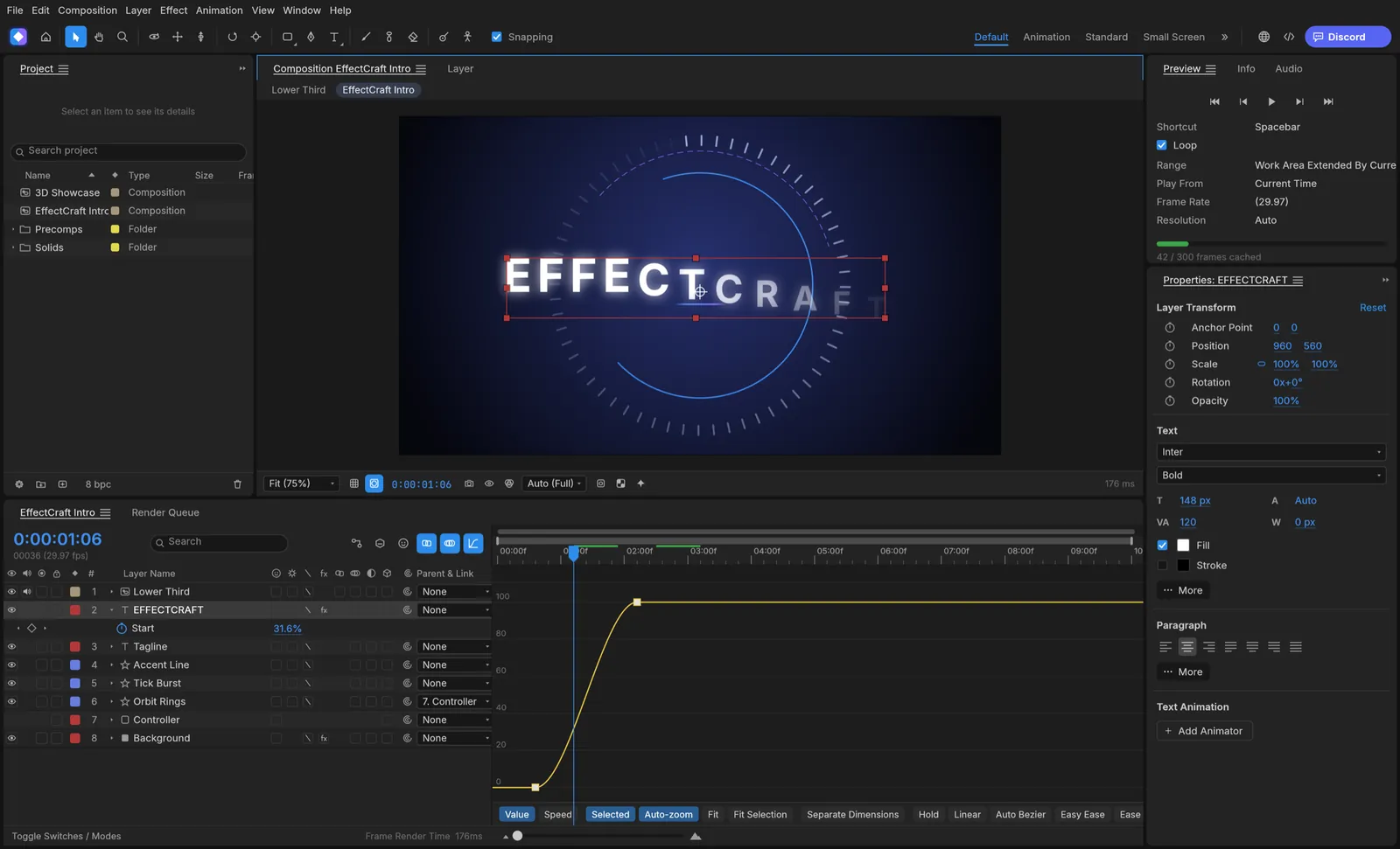 EffectCraft's window with a glowing EFFECTCRAFT title in the composition and a yellow eased curve in the Graph Editor below