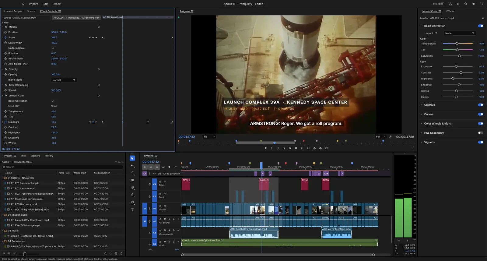 FilmCraft's Color workspace: the Saturn V launch in the Program monitor with a lower third and a subtitle, effect controls, the grading panel and a long timeline
