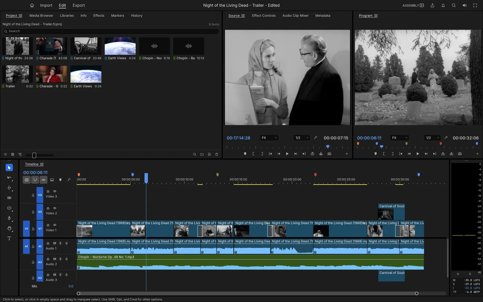 FilmCraft's Assembly workspace: bins of film thumbnails, a Source and a Program monitor with black and white film frames, and a timeline with video and audio tracks