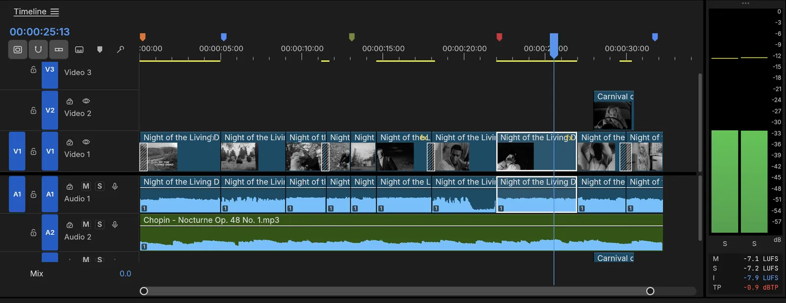 A FilmCraft timeline: black and white clips with dissolves, an insert above them, a green music waveform below, markers along the top and loudness meters at the side