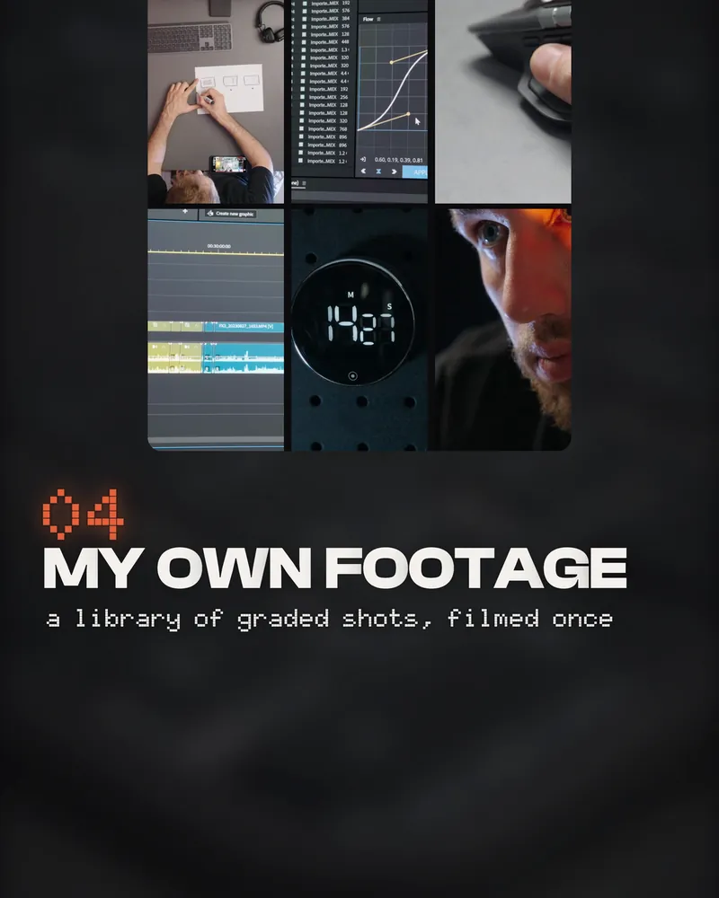 The reel at 16 seconds: six graded shots playing over 04 MY OWN FOOTAGE