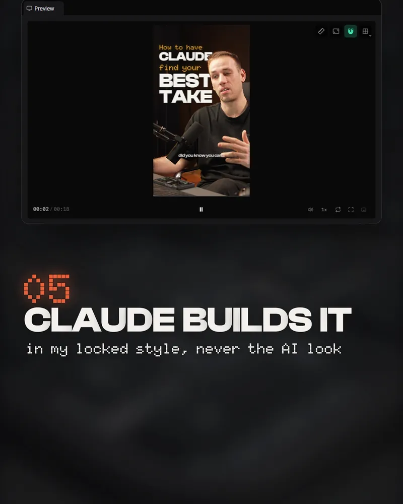 The reel at 19 seconds: HyperFrames Studio playing a reel over 05 CLAUDE BUILDS IT