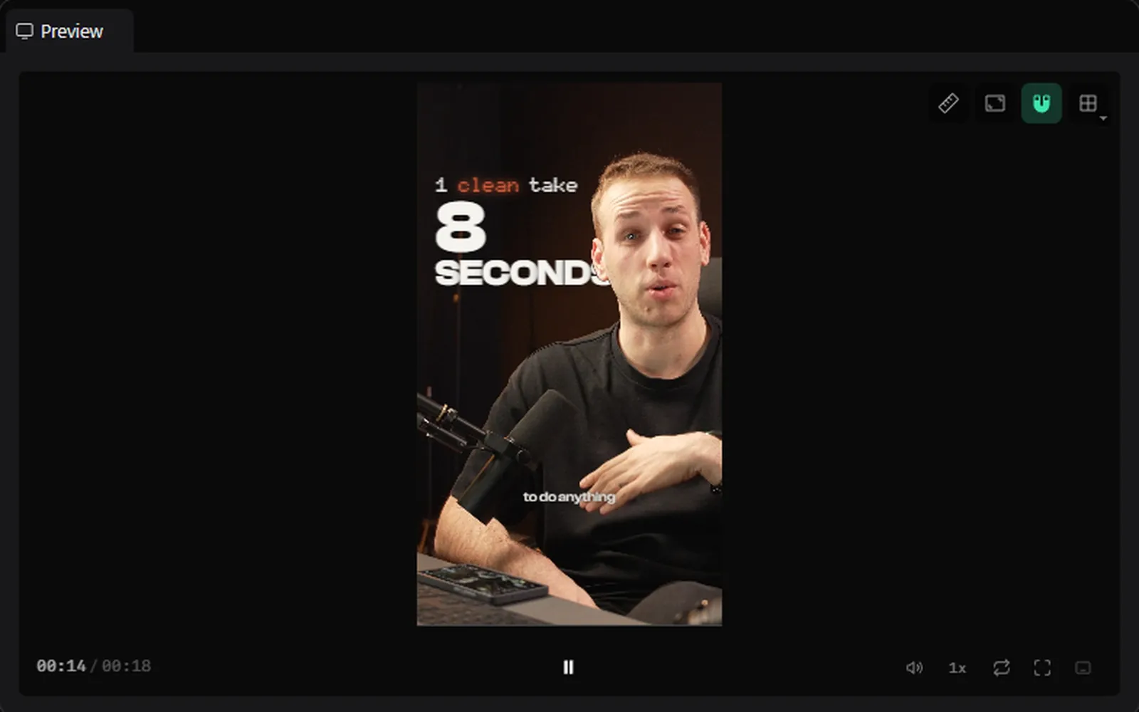 HyperFrames Studio playing the same reel at 14 seconds: 1 clean take, 8 seconds