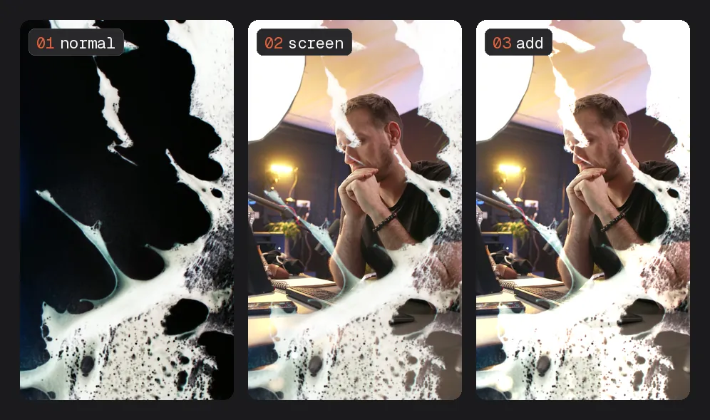 Three vertical frames: the melt in Normal mode, black covering everything; in Screen mode, Luka at his desk visible through the glowing melt; in Add mode, the same, brighter