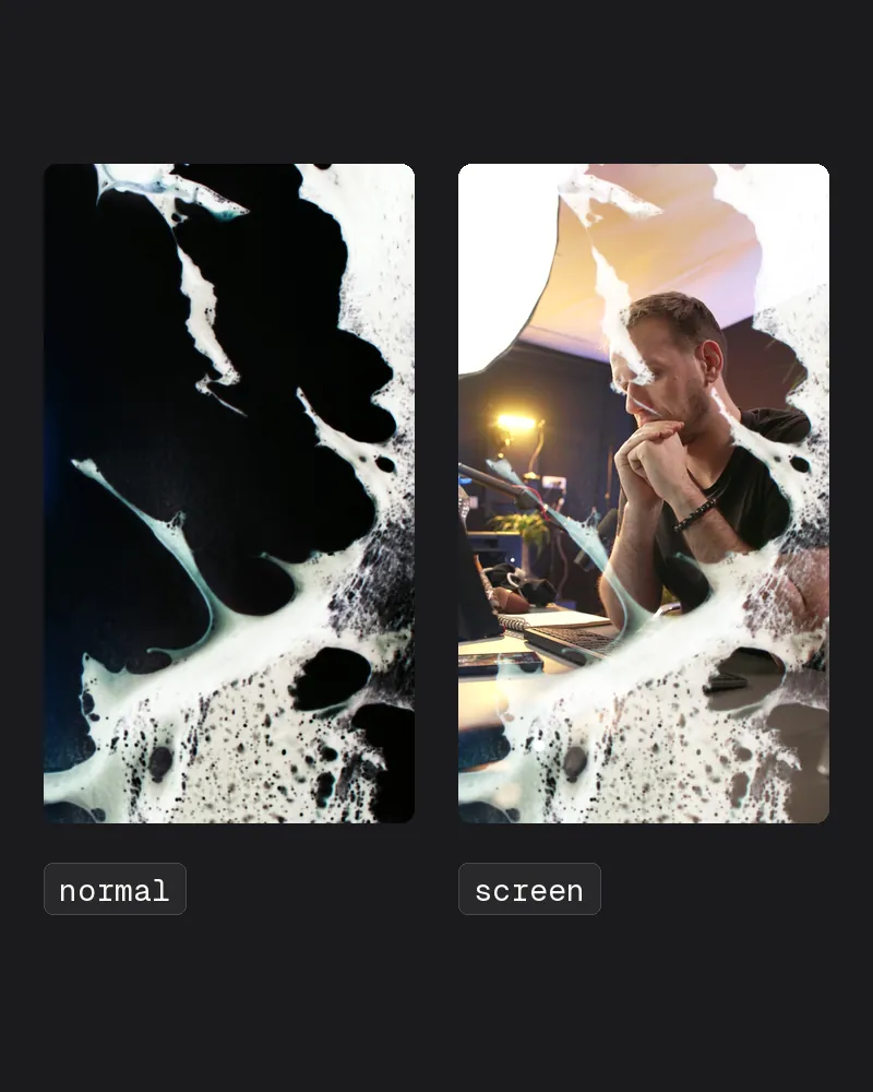 The melt laid on normally, its black covering the picture, beside the same frame screen blended over Luka