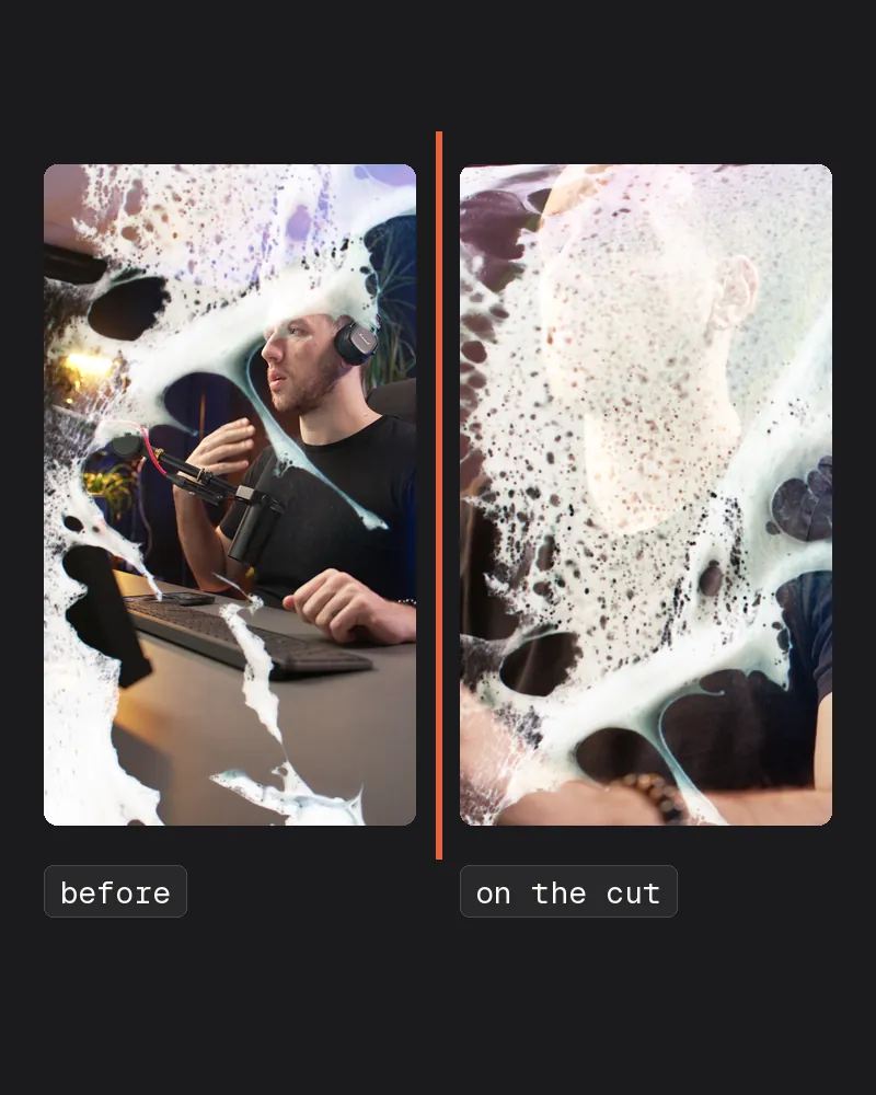 The last frame before a cut and the cut frame, the melt over both, an orange line between them