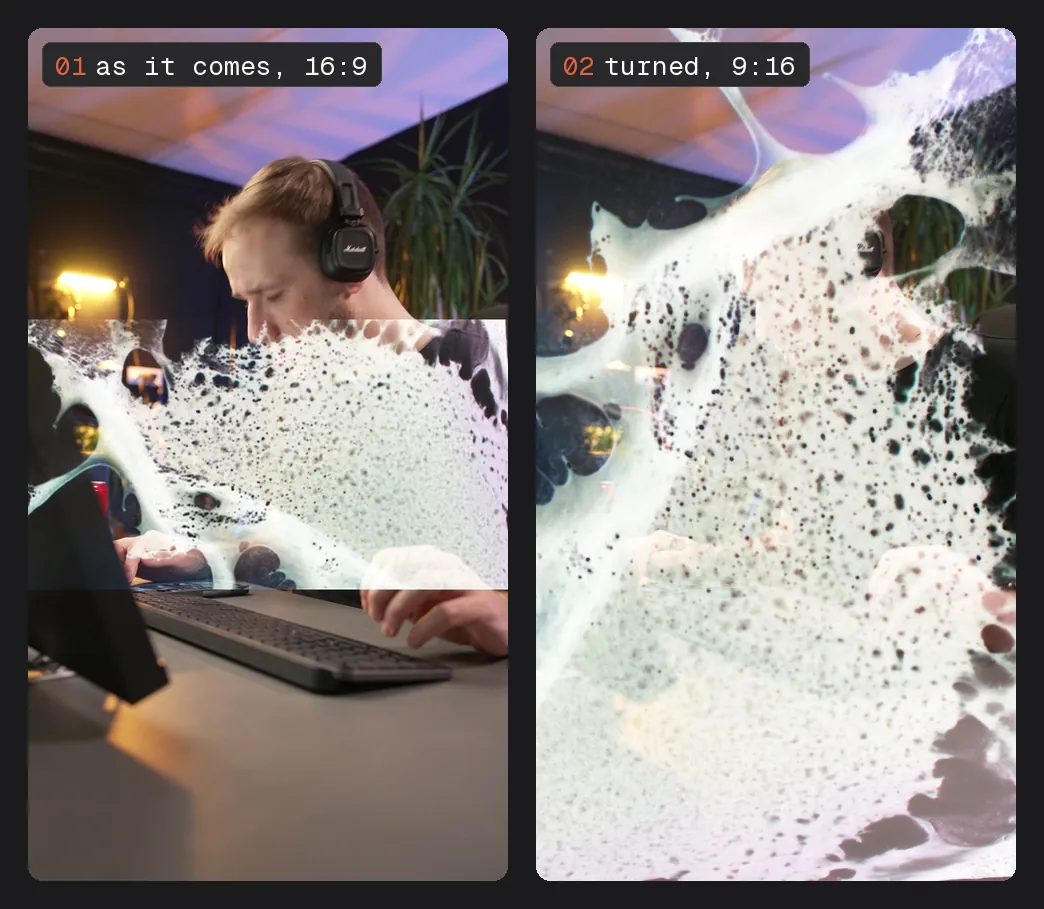 Two vertical frames of Luka at his desk: on the left the melt sits in a wide band across the middle with hard top and bottom edges; on the right the same melt, turned, covers the whole frame