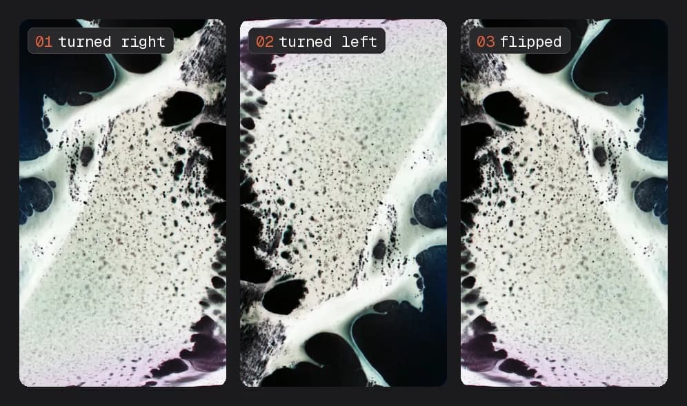 Three vertical copies of one melt frame: turned right, turned left, and flipped, each a different shape