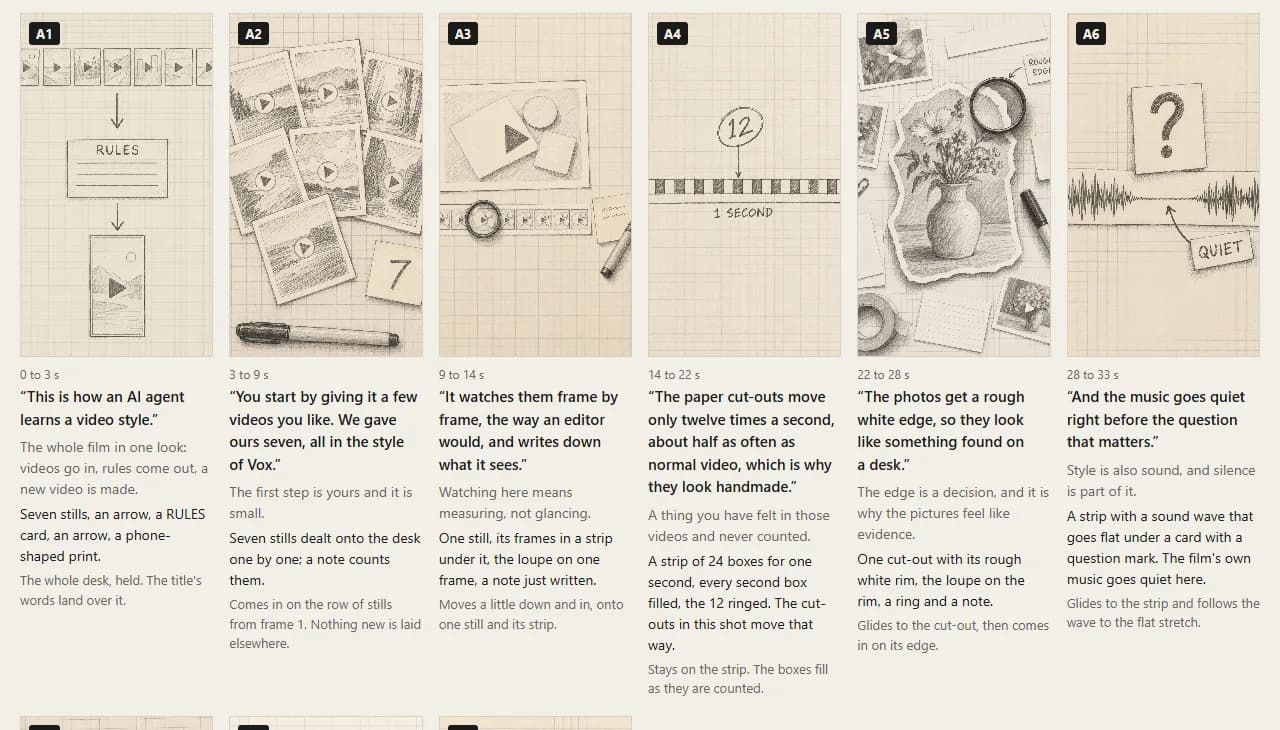 An HTML storyboard: six pencil sketches with the script line under each