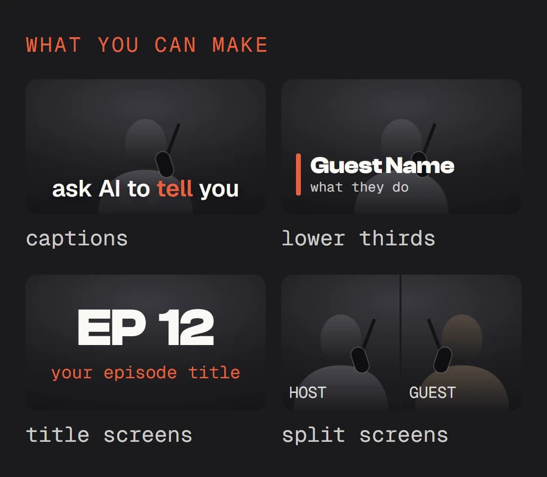Four podcast frames: a caption, a lower third, an EP 12 title screen, a host and guest split screen