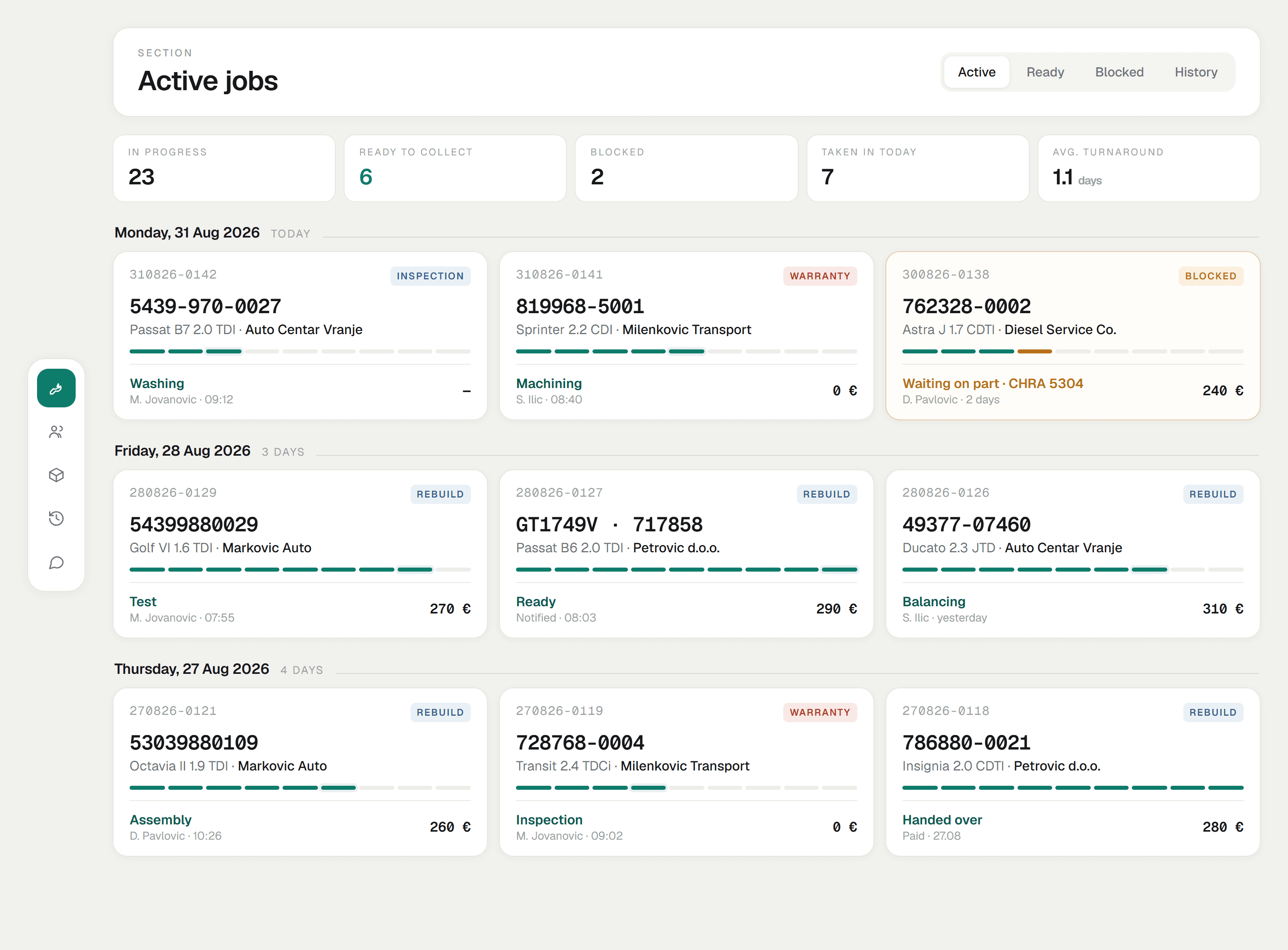 The active jobs board: turbochargers grouped by intake day, each card showing its unit number, client, stage progress and price