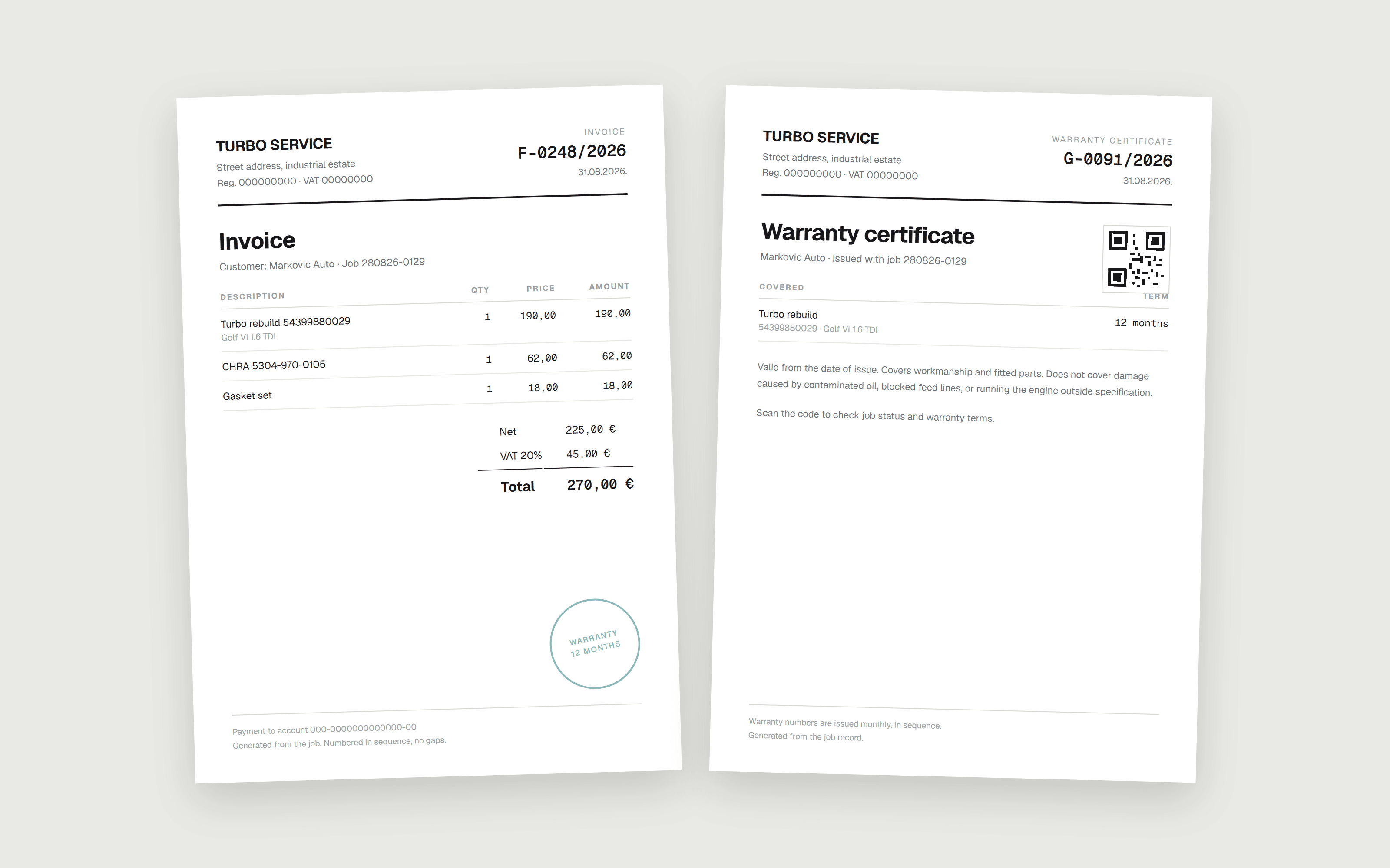 An invoice and a warranty certificate generated from one repair, each numbered in sequence, the warranty carrying a scannable code linking back to the job