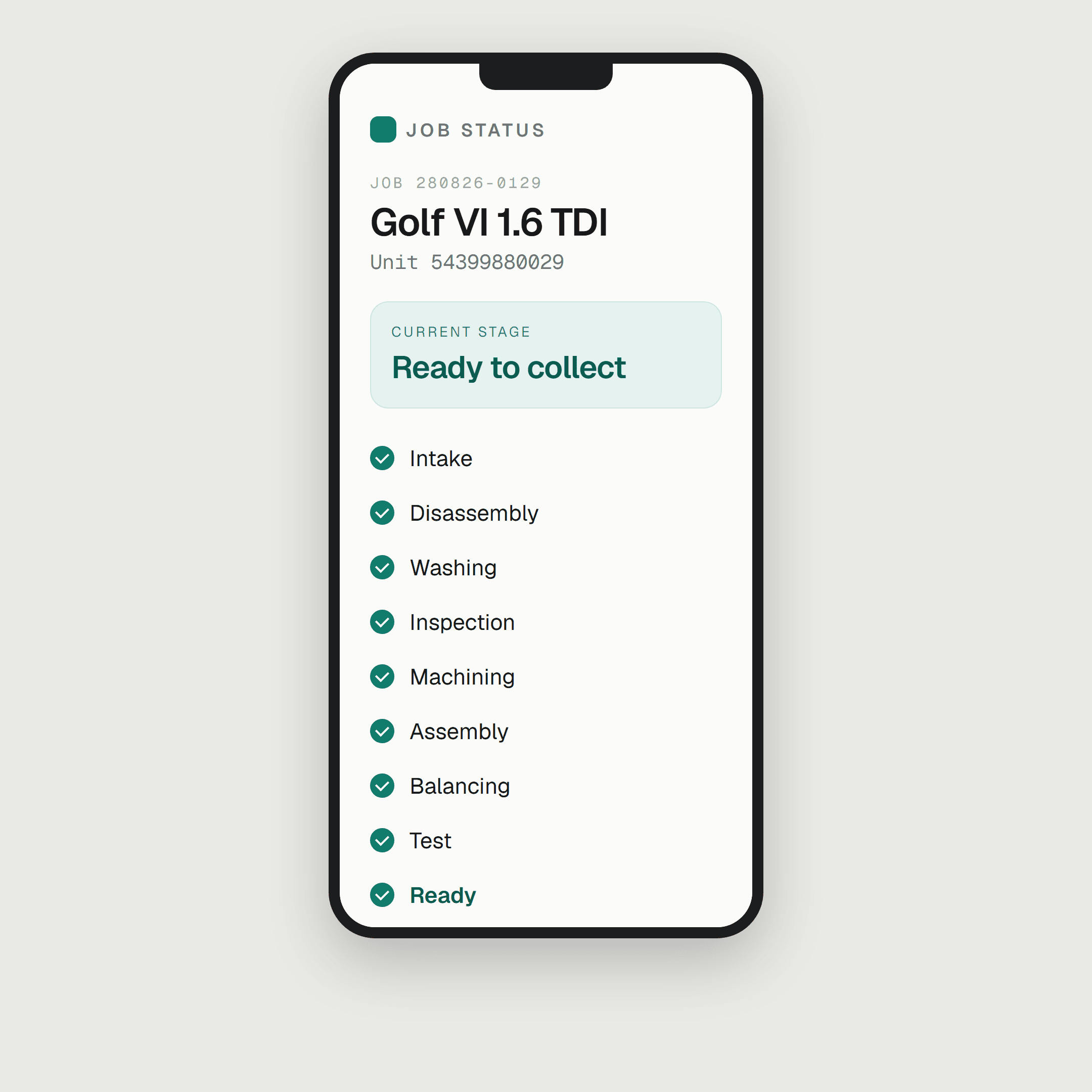 The public status page on a phone, showing repair stages with completed ones checked and the current state marked ready to collect